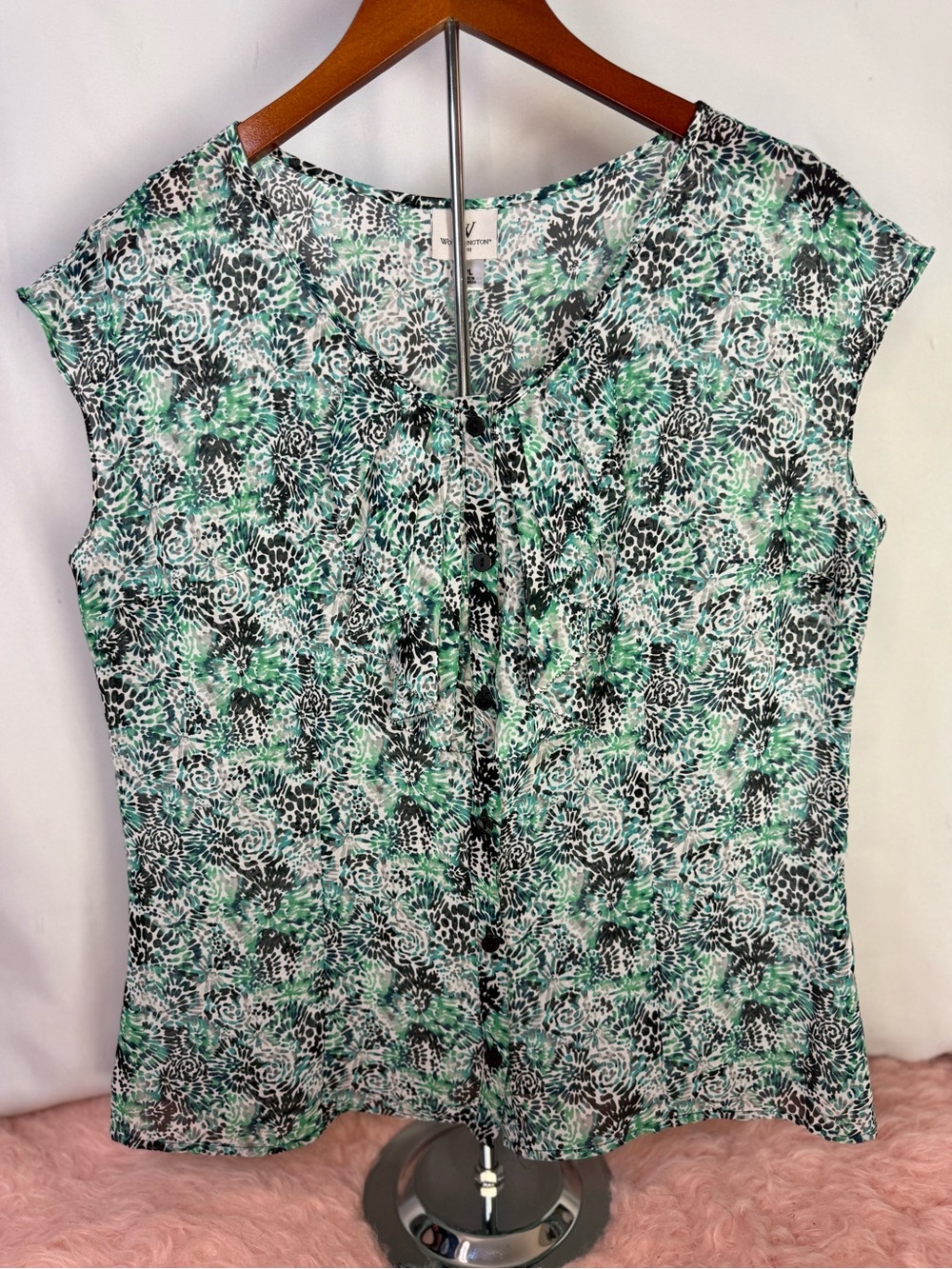 Worthington - Lightweight Teal White & Black Abstract Cap-Sleeve Top - Size PL